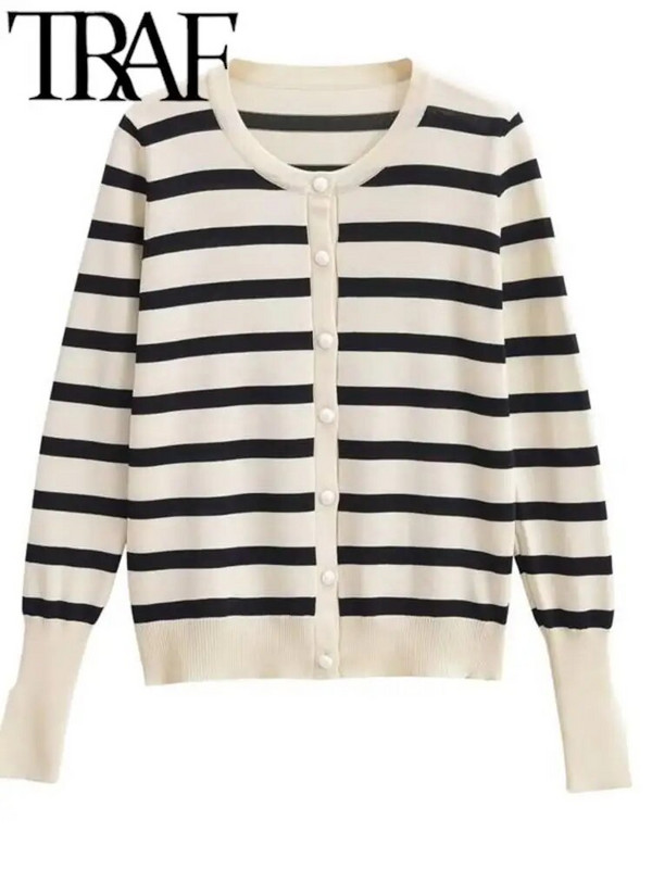 TRAF modes strīpains trikotāžas sieviešu jakas, plaukstas piedurknes O kakla, šaurs džemperis sievietēm, 2023. gada rudens Y2K