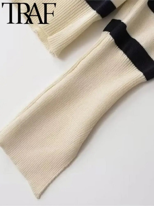 TRAF modes strīpains trikotāžas sieviešu jakas, plaukstas piedurknes O kakla, šaurs džemperis sievietēm, 2023. gada rudens Y2K