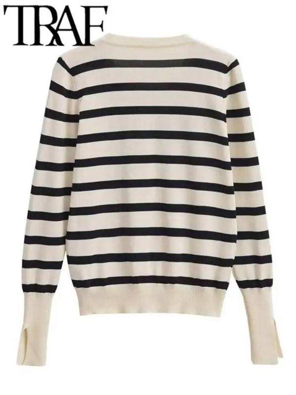 TRAF modes strīpains trikotāžas sieviešu jakas, plaukstas piedurknes O kakla, šaurs džemperis sievietēm, 2023. gada rudens Y2K