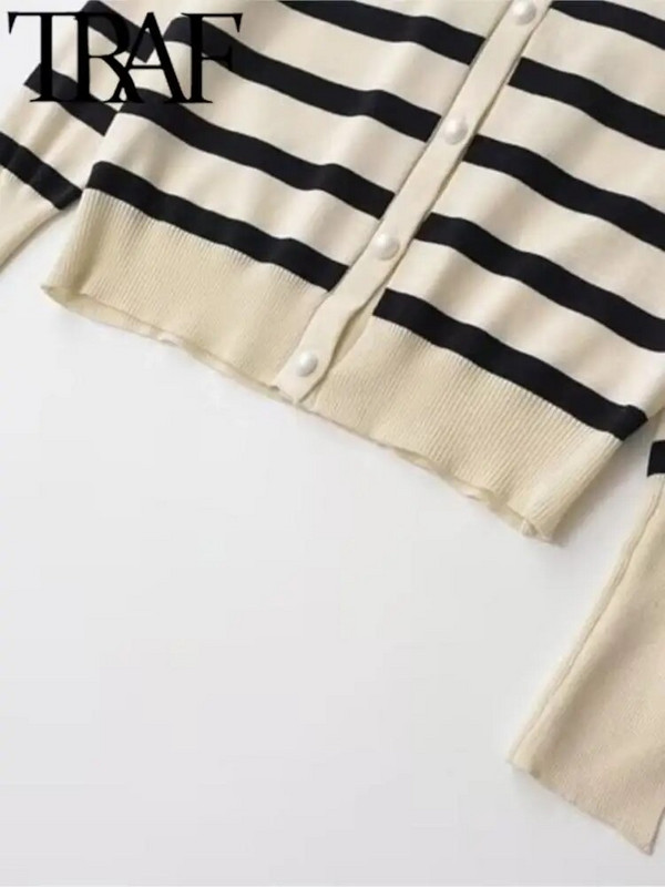 TRAF modes strīpains trikotāžas sieviešu jakas, plaukstas piedurknes O kakla, šaurs džemperis sievietēm, 2023. gada rudens Y2K