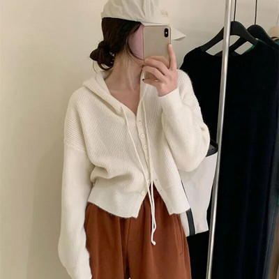 Lucyever rudens ziemas adīti džemperi ar kapuci sievietēm ikdienišķi brīvi vienrindu džemperi, sievietes Harajuku savvaļas īsie trikotāžas izstrādājumi