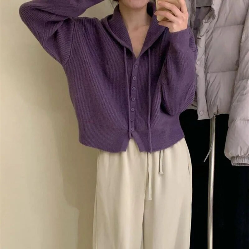 Lucyever rudens ziemas adīti džemperi ar kapuci sievietēm ikdienišķi brīvi vienrindu džemperi, sievietes Harajuku savvaļas īsie trikotāžas izstrādājumi