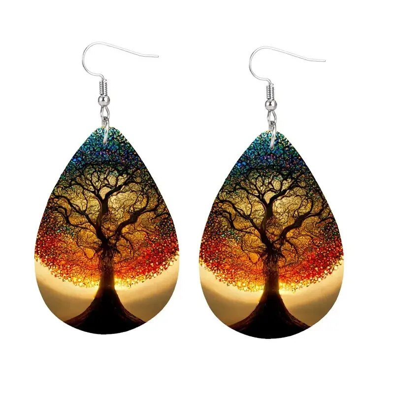 1 Pāris Bohēmijas modes stila PU ādas pilienu auskari ar lielu koku apdruku Vīriešu un sieviešu ikdienas valkāšanai ausu rotaslietas Radoša persona