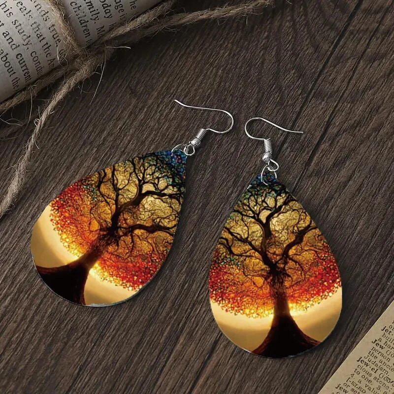 1 Pāris Bohēmijas modes stila PU ādas pilienu auskari ar lielu koku apdruku Vīriešu un sieviešu ikdienas valkāšanai ausu rotaslietas Radoša persona