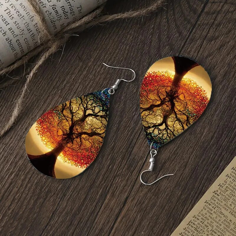 1 Pāris Bohēmijas modes stila PU ādas pilienu auskari ar lielu koku apdruku Vīriešu un sieviešu ikdienas valkāšanai ausu rotaslietas Radoša persona