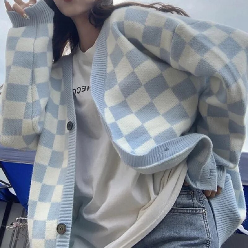 Deeptown korejiešu stila lielizmēra rūtains džemperis sievietēm retro šaha galda trikotāžas jaka Modes džemperis ar garām piedurknēm sievietēm