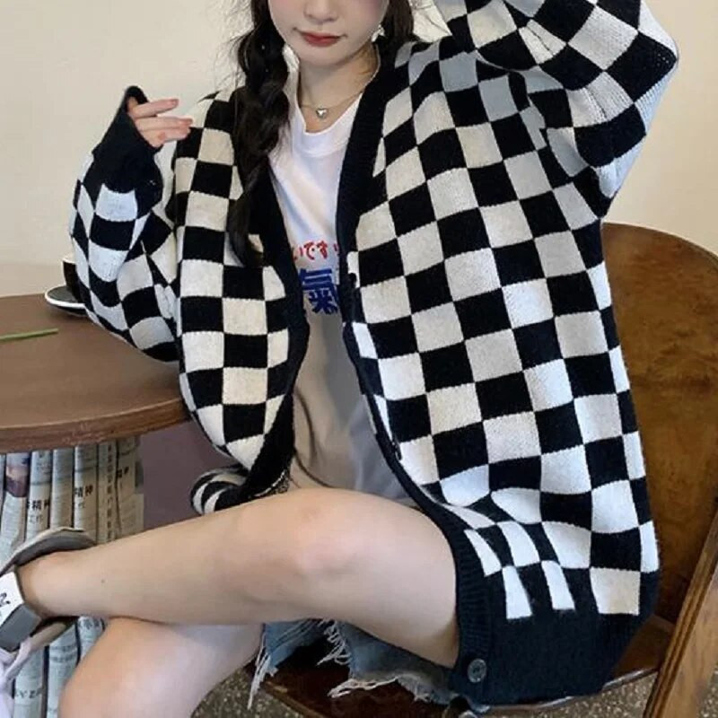 Deeptown korejiešu stila lielizmēra rūtains džemperis sievietēm retro šaha galda trikotāžas jaka Modes džemperis ar garām piedurknēm sievietēm