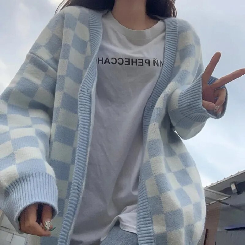 Deeptown korejiešu stila lielizmēra rūtains džemperis sievietēm retro šaha galda trikotāžas jaka Modes džemperis ar garām piedurknēm sievietēm
