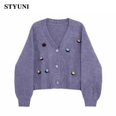 Violetinės aplikacijos Minkštas akrilas megztas moteriškas megztinis megztinis Chic korėjietiškas mados trumpas švarkas paltas megztinis liemenė dviejų dalių rinkinys