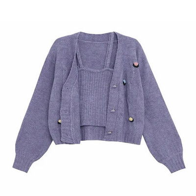 Violetinės aplikacijos Minkštas akrilas megztas moteriškas megztinis megztinis Chic korėjietiškas mados trumpas švarkas paltas megztinis liemenė dviejų dalių rinkinys