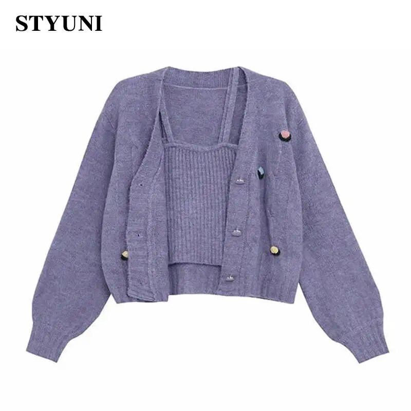 Violetinės aplikacijos Minkštas akrilas megztas moteriškas megztinis megztinis Chic korėjietiškas mados trumpas švarkas paltas megztinis liemenė dviejų dalių rinkinys