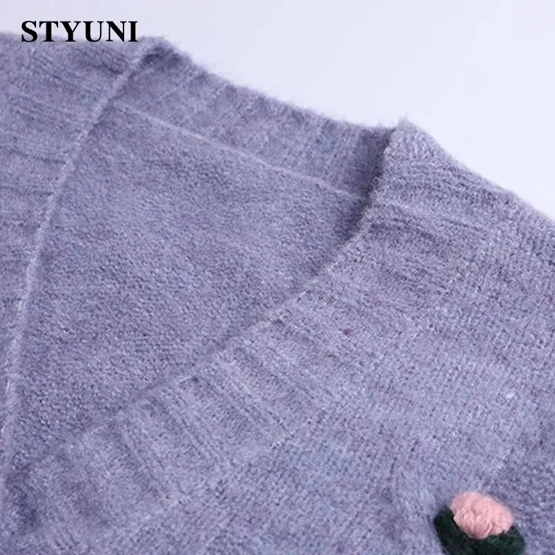 Violetinės aplikacijos Minkštas akrilas megztas moteriškas megztinis megztinis Chic korėjietiškas mados trumpas švarkas paltas megztinis liemenė dviejų dalių rinkinys