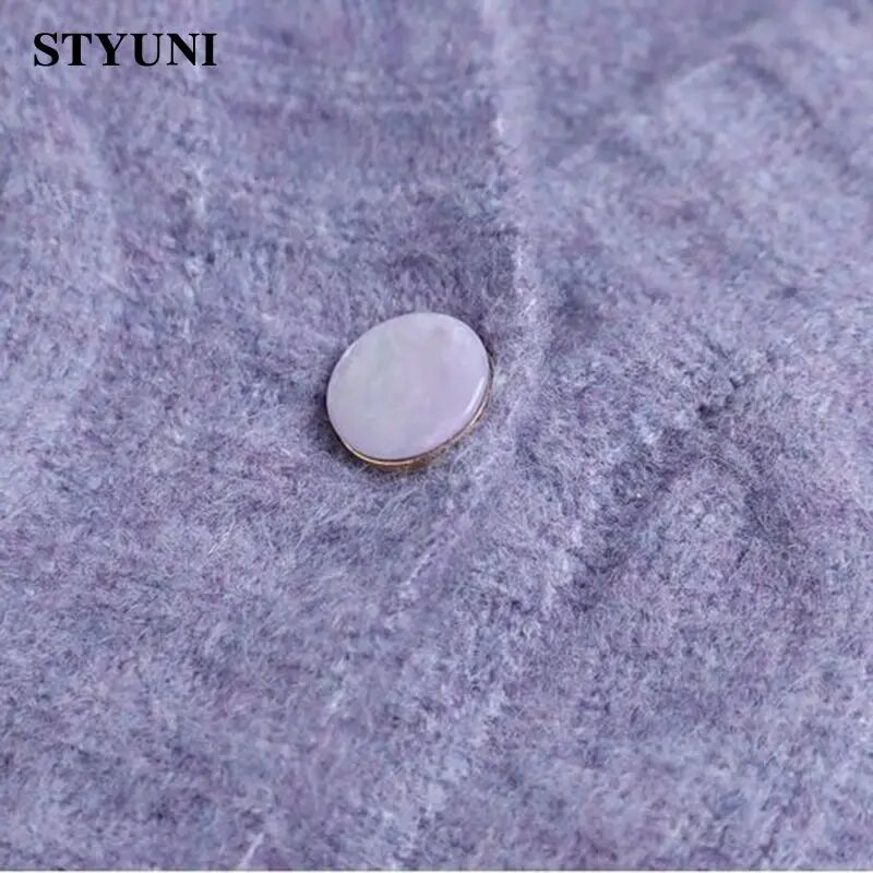 Violetinės aplikacijos Minkštas akrilas megztas moteriškas megztinis megztinis Chic korėjietiškas mados trumpas švarkas paltas megztinis liemenė dviejų dalių rinkinys