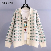 Gėlėti vintažiniai japoniško akrilo megzti moteriški megztiniai su apvaliu kaklu ilgomis rankovėmis vienaeiliai rudens žiemos džemperiai moterims