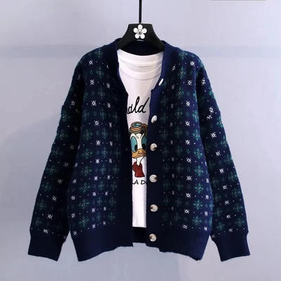 Gėlėti vintažiniai japoniško akrilo megzti moteriški megztiniai su apvaliu kaklu ilgomis rankovėmis vienaeiliai rudens žiemos džemperiai moterims