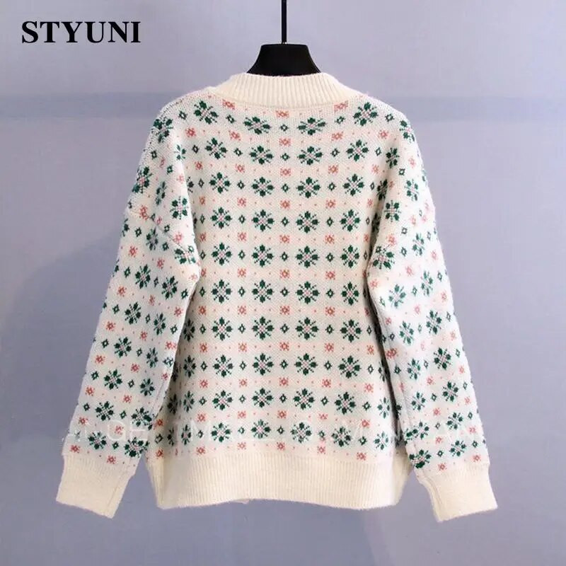 Gėlėti vintažiniai japoniško akrilo megzti moteriški megztiniai su apvaliu kaklu ilgomis rankovėmis vienaeiliai rudens žiemos džemperiai moterims