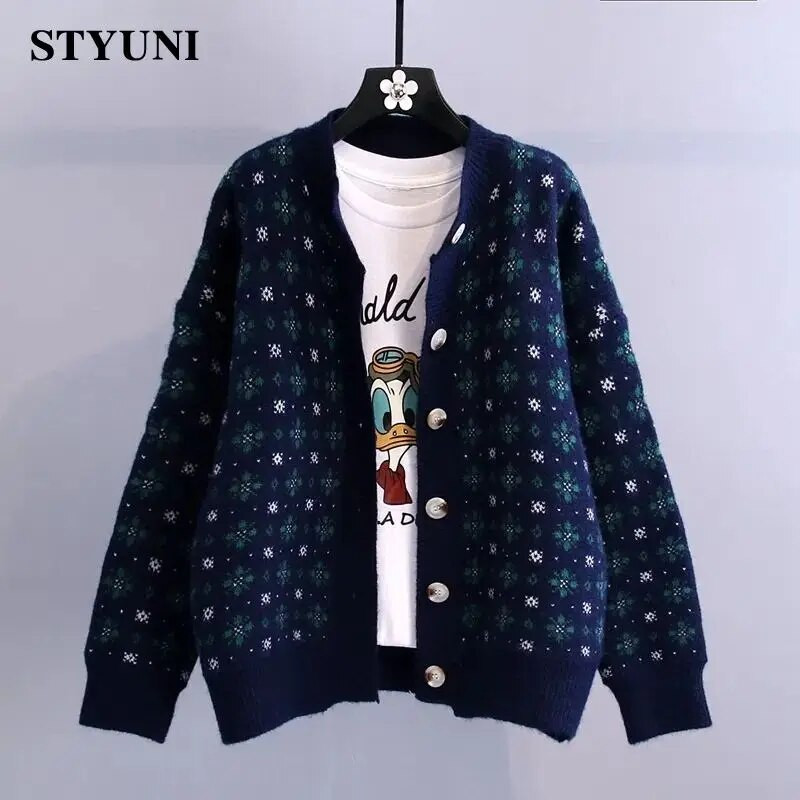 Gėlėti vintažiniai japoniško akrilo megzti moteriški megztiniai su apvaliu kaklu ilgomis rankovėmis vienaeiliai rudens žiemos džemperiai moterims