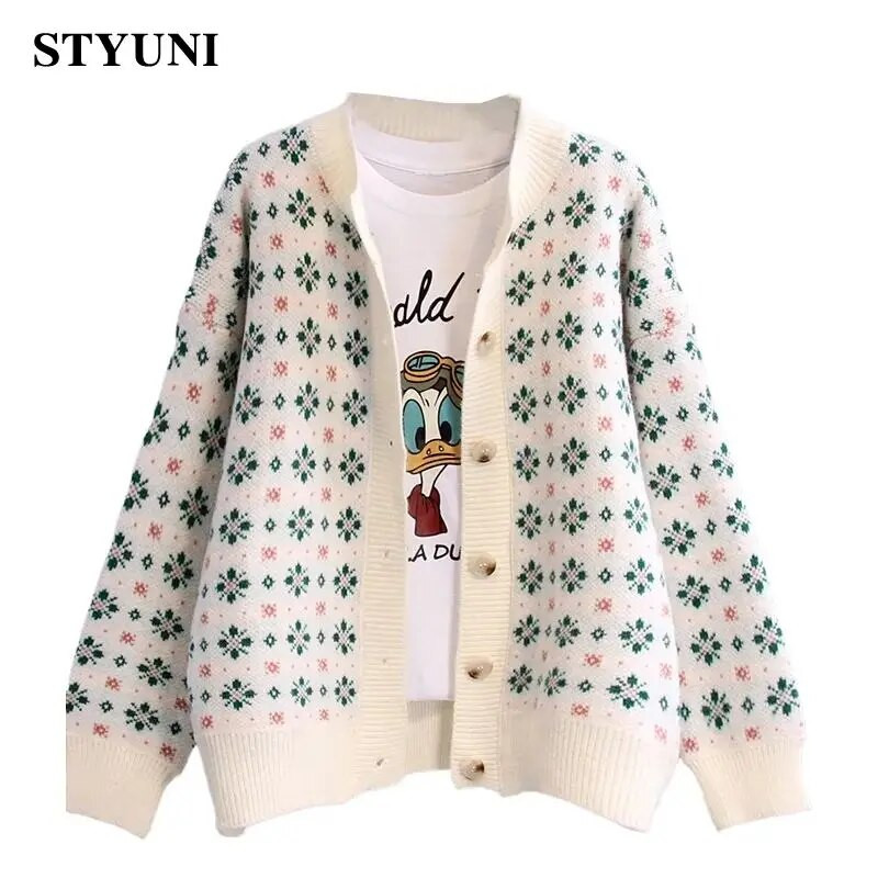 Gėlėti vintažiniai japoniško akrilo megzti moteriški megztiniai su apvaliu kaklu ilgomis rankovėmis vienaeiliai rudens žiemos džemperiai moterims