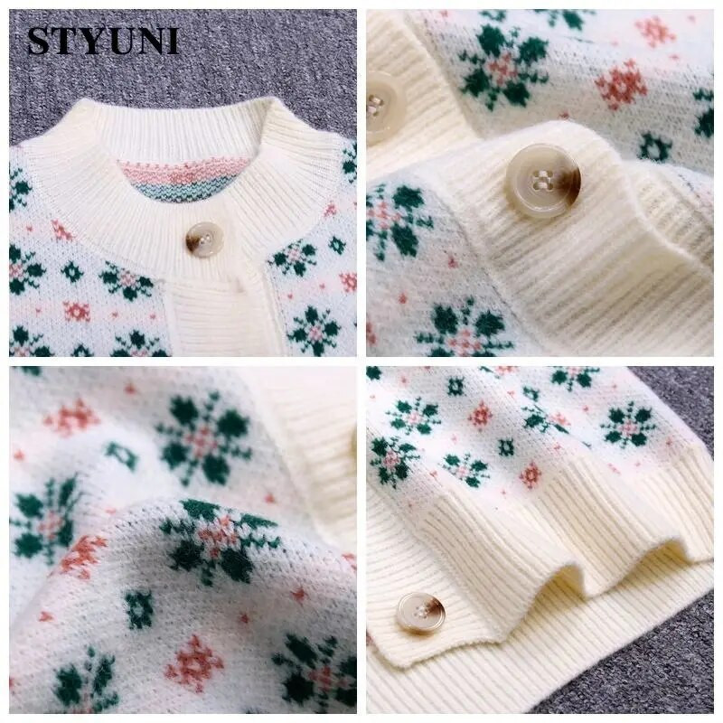 Gėlėti vintažiniai japoniško akrilo megzti moteriški megztiniai su apvaliu kaklu ilgomis rankovėmis vienaeiliai rudens žiemos džemperiai moterims