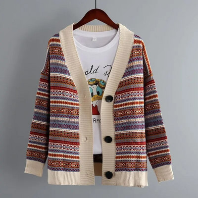 Csíkos rácsos vintage puha bő kötött női pulóver kardigán hosszú ujjú koreai divatos női kabát kabát kardigánok 2022