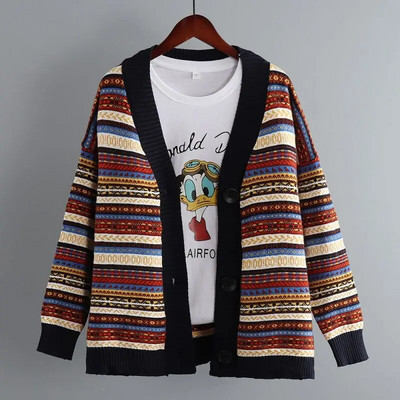 Csíkos rácsos vintage puha bő kötött női pulóver kardigán hosszú ujjú koreai divatos női kabát kabát kardigánok 2022