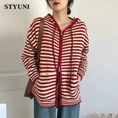 Dryžuotas vintažinis gobtuvas su užtrauktuku priekyje, akrilo megztas moteriškas megztinis ilgomis rankovėmis Korėjos madingi moteriški megztiniai