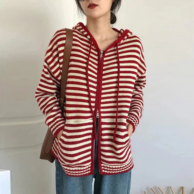 Dryžuotas vintažinis gobtuvas su užtrauktuku priekyje, akrilo megztas moteriškas megztinis ilgomis rankovėmis Korėjos madingi moteriški megztiniai