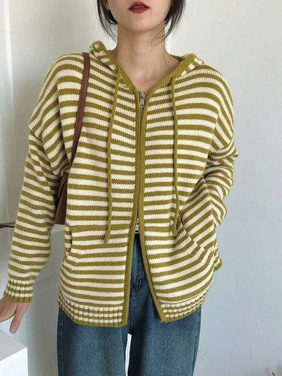 Dryžuotas vintažinis gobtuvas su užtrauktuku priekyje, akrilo megztas moteriškas megztinis ilgomis rankovėmis Korėjos madingi moteriški megztiniai