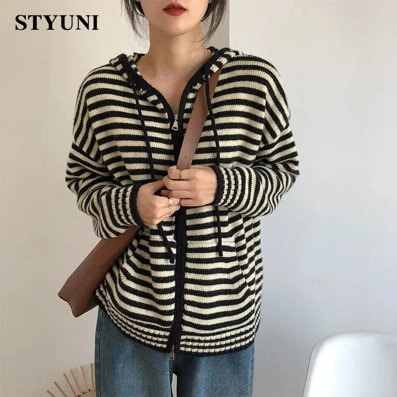 Dryžuotas vintažinis gobtuvas su užtrauktuku priekyje, akrilo megztas moteriškas megztinis ilgomis rankovėmis Korėjos madingi moteriški megztiniai