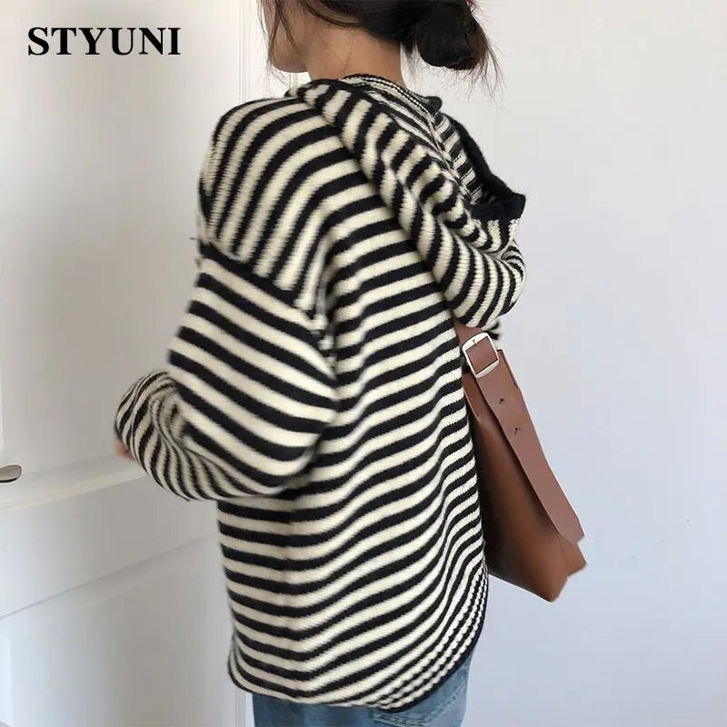 Dryžuotas vintažinis gobtuvas su užtrauktuku priekyje, akrilo megztas moteriškas megztinis ilgomis rankovėmis Korėjos madingi moteriški megztiniai