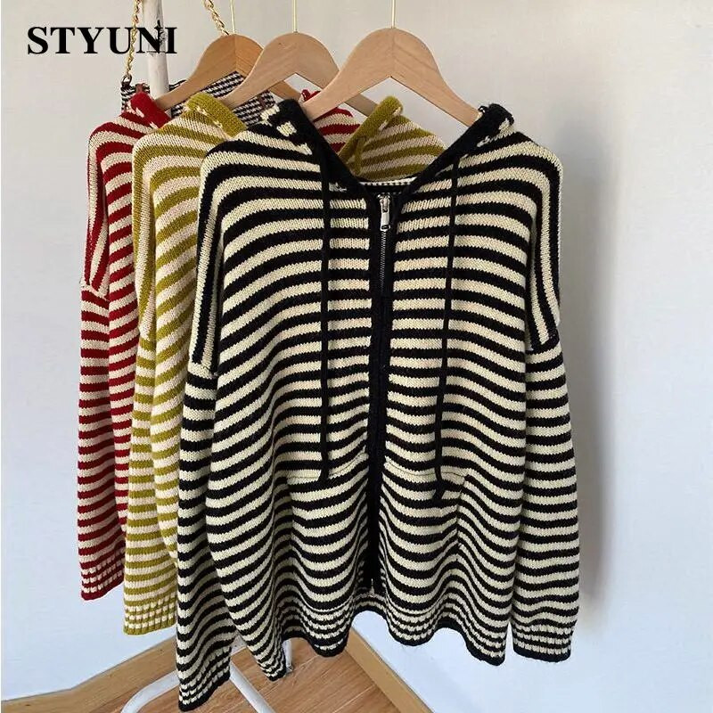 Dryžuotas vintažinis gobtuvas su užtrauktuku priekyje, akrilo megztas moteriškas megztinis ilgomis rankovėmis Korėjos madingi moteriški megztiniai