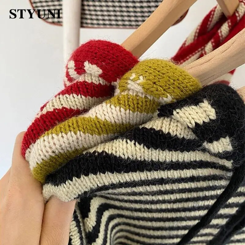 Dryžuotas vintažinis gobtuvas su užtrauktuku priekyje, akrilo megztas moteriškas megztinis ilgomis rankovėmis Korėjos madingi moteriški megztiniai