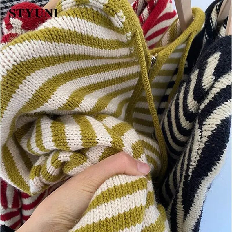 Dryžuotas vintažinis gobtuvas su užtrauktuku priekyje, akrilo megztas moteriškas megztinis ilgomis rankovėmis Korėjos madingi moteriški megztiniai