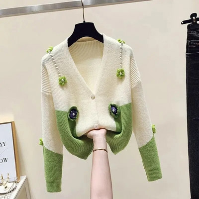 Pērļotas 3D aplikācijas Jauki mīksts, akrila trikotāžas sieviešu džemperis, V veida kakla izgriezums, korejiešu modes jaka, mētelis, jakas