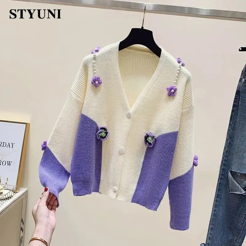 Pērļotas 3D aplikācijas Jauki mīksts, akrila trikotāžas sieviešu džemperis, V veida kakla izgriezums, korejiešu modes jaka, mētelis, jakas