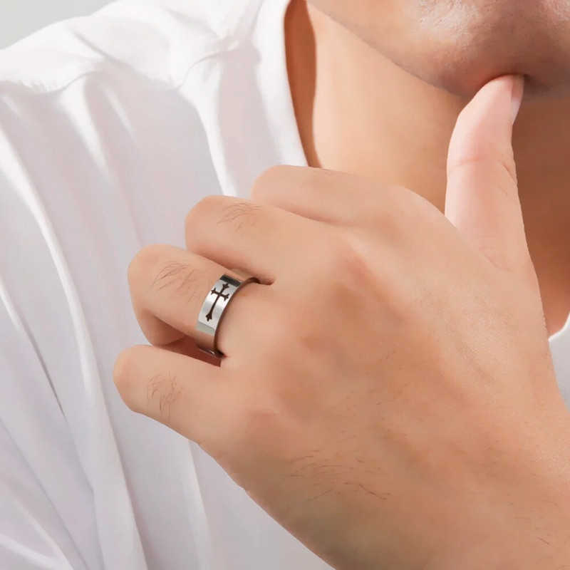 Nerūdijančio plieno Jėzaus kryžiaus žiedas Kristaus Biblijos maldos pirštų žiedai vyrams 8 mm 6 mm amuleto papuošalai, dydis 7-13