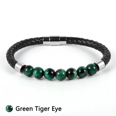 Vīriešu dabīgā akmens tīģera acs lavas roka rokassprādzes ar hematīta pērlītēm īstas ādas nerūsējošā tērauda magnētiskās sprādzes modes rotaslietas