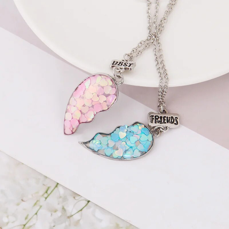 2db/szett Best Friends Nyakláncok Flitter Szív Törött Varrás Medál Lánc Nyaklánc BFF Barátság Ékszer Ajándékok Lányoknak Nők