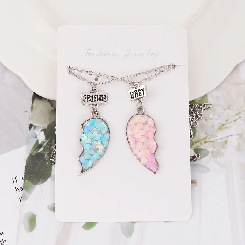 2db/szett Best Friends Nyakláncok Flitter Szív Törött Varrás Medál Lánc Nyaklánc BFF Barátság Ékszer Ajándékok Lányoknak Nők