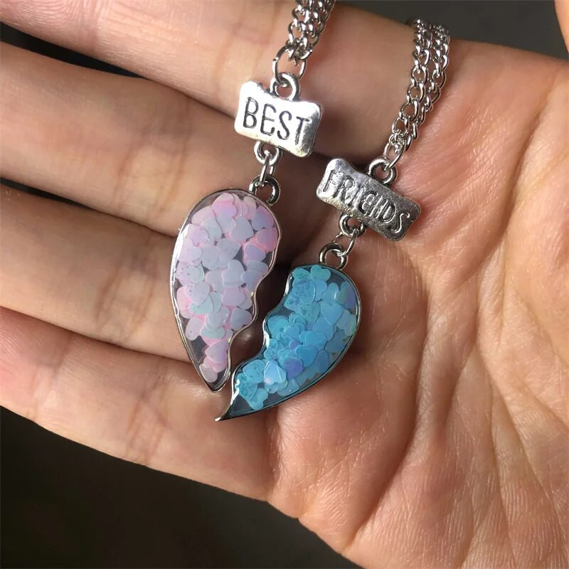 2db/szett Best Friends Nyakláncok Flitter Szív Törött Varrás Medál Lánc Nyaklánc BFF Barátság Ékszer Ajándékok Lányoknak Nők