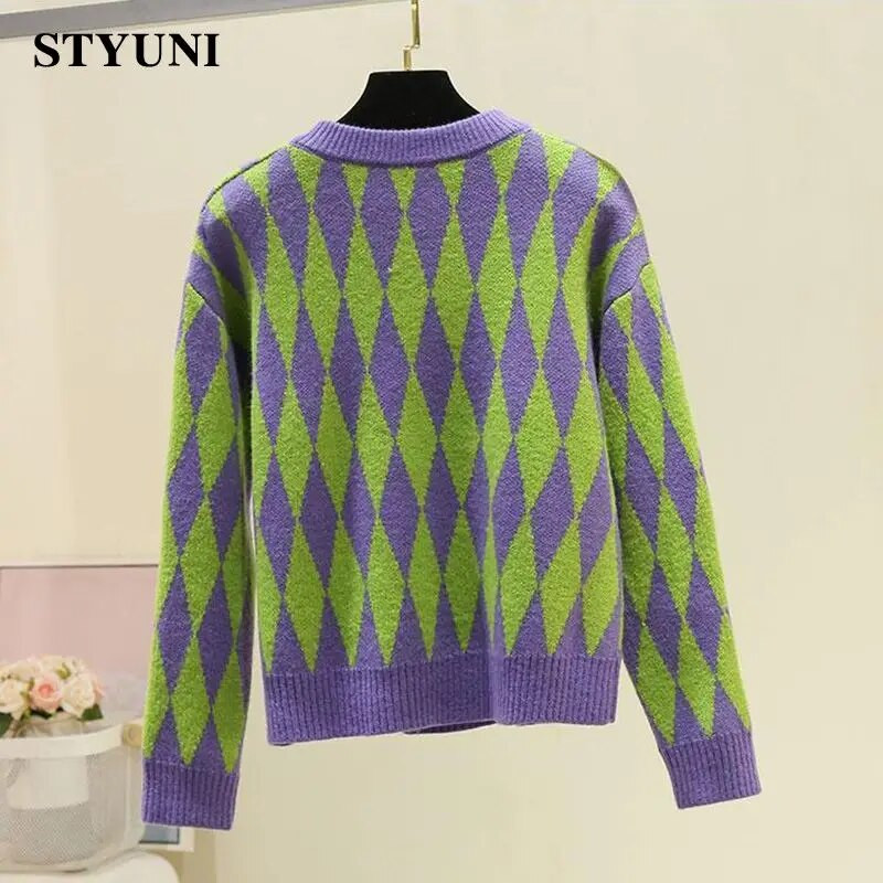 Zaļš violets Argyle ikdienišķs vintage mīksts trikotāžas sieviešu jaka korejiešu modes šiks jaka mētelis džemperis sievietei ziemas silts 2022