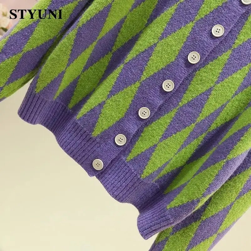 Zaļš violets Argyle ikdienišķs vintage mīksts trikotāžas sieviešu jaka korejiešu modes šiks jaka mētelis džemperis sievietei ziemas silts 2022