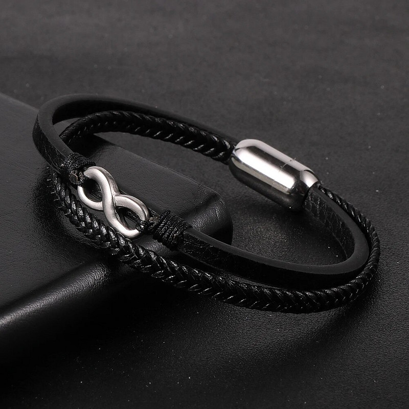 Απλή σχεδίαση Ανδρικά πλεκτά βραχιόλια με γνήσιο δέρμα με λουράκι 8 κόμπων από ανοξείδωτο ατσάλι κούμπωμα γούρι Pulseiras Masculina Jewelry