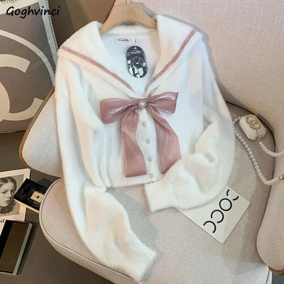 Moteriški megztiniai, miela rudeninė jūreivio apykaklė Paprasta japoniška preppy stilius prašmatni jaunų mergaičių mada apkarpyti megzti megztiniai Kawaii