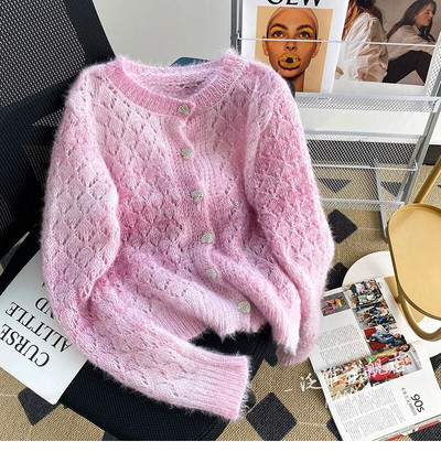 Színátmenetes mohair üreges, hosszú ujjú, egysoros női pulóver Koreai divatos pulóver rövid pulóverek 2023. ősz tél