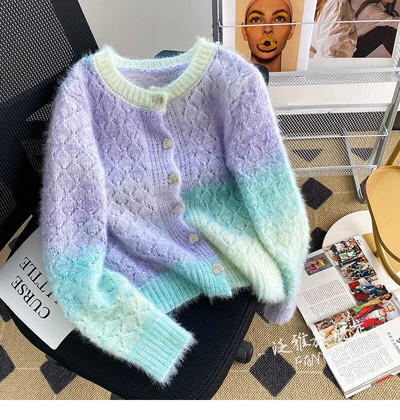 Színátmenetes mohair üreges, hosszú ujjú, egysoros női pulóver Koreai divatos pulóver rövid pulóverek 2023. ősz tél