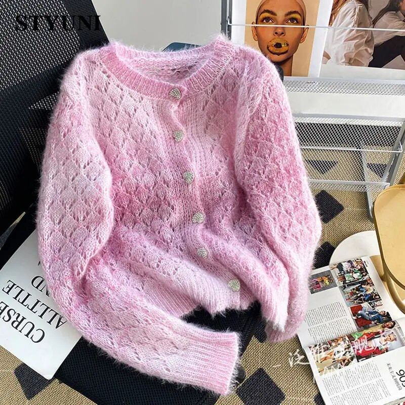 Színátmenetes mohair üreges, hosszú ujjú, egysoros női pulóver Koreai divatos pulóver rövid pulóverek 2023. ősz tél