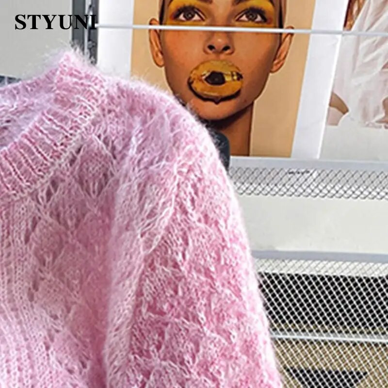 Színátmenetes mohair üreges, hosszú ujjú, egysoros női pulóver Koreai divatos pulóver rövid pulóverek 2023. ősz tél