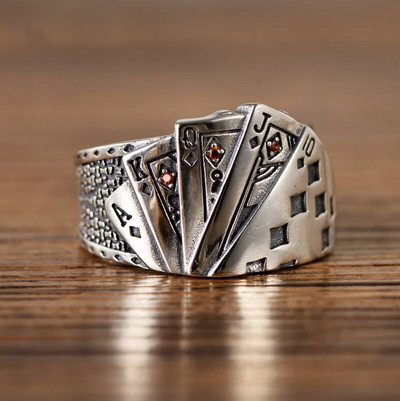 Моден преувеличен отварящ пръстен Игрална карта Кристални пръстени за пръсти за мъже, жени Ретро покер парти Пънк бижута