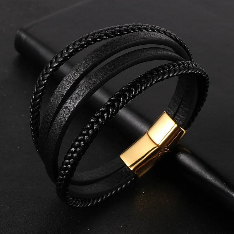 2022. gada karstā izpārdošana Daudzslāņu pītas īstas ādas rokassprādzes sievietēm vīriešiem nerūsējošā tērauda magnēta sprādze Brazalete Hombre vairumtirdzniecība